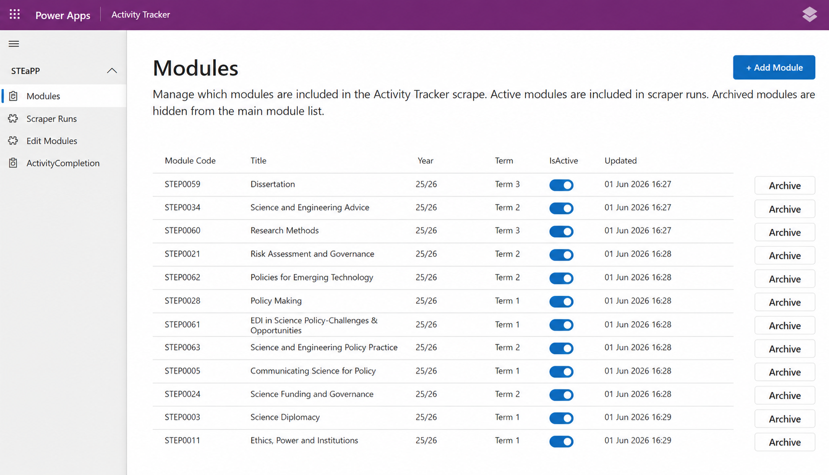 Model-driven Power App administrative interface for the UCL STEaPP Activity Tracker - showing module management, active module configuration and Dataverse record management